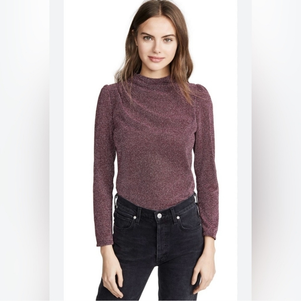 Rebecca Taylor Mock Neck Long Sleeve Pink Glitter Metallic Top